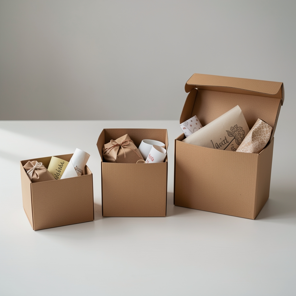 Tres cajas para regalos de tamaños pequeño mediano y grande con objetos de papel