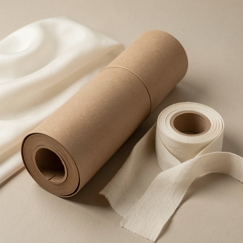 Papel kraft en rollo y otros materiales de envoltorio comparados sobre mesa neutra