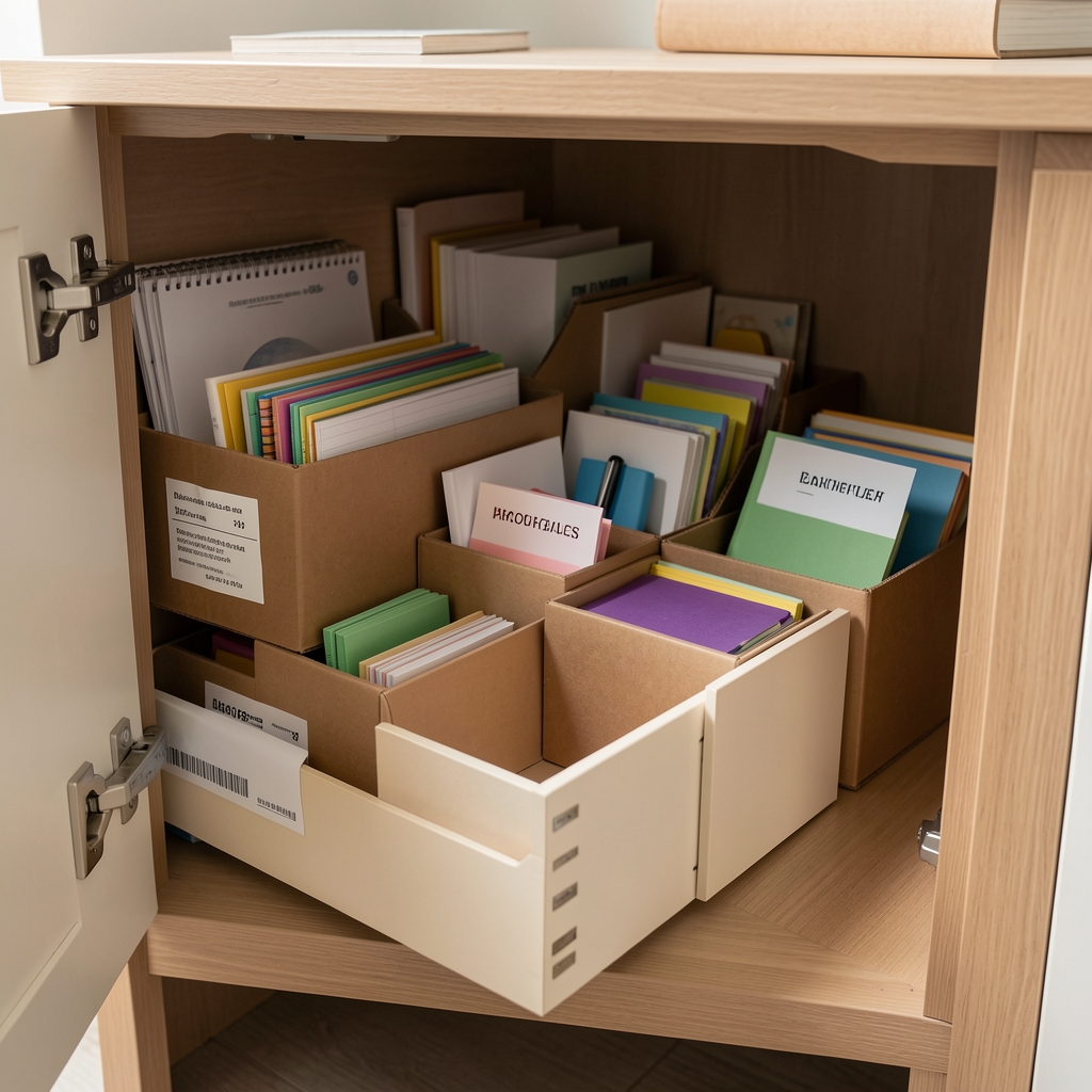 Materiales de papelería ordenados por categoría en cajas y separadores dentro de un mueble bajo