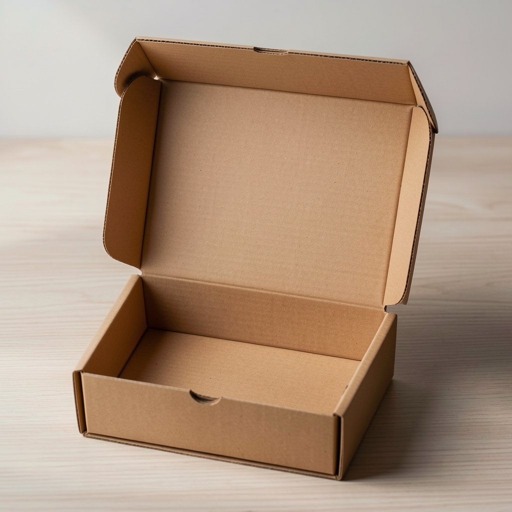 Caja para regalo abierta mostrando interior liso de cartón natural sin estampado