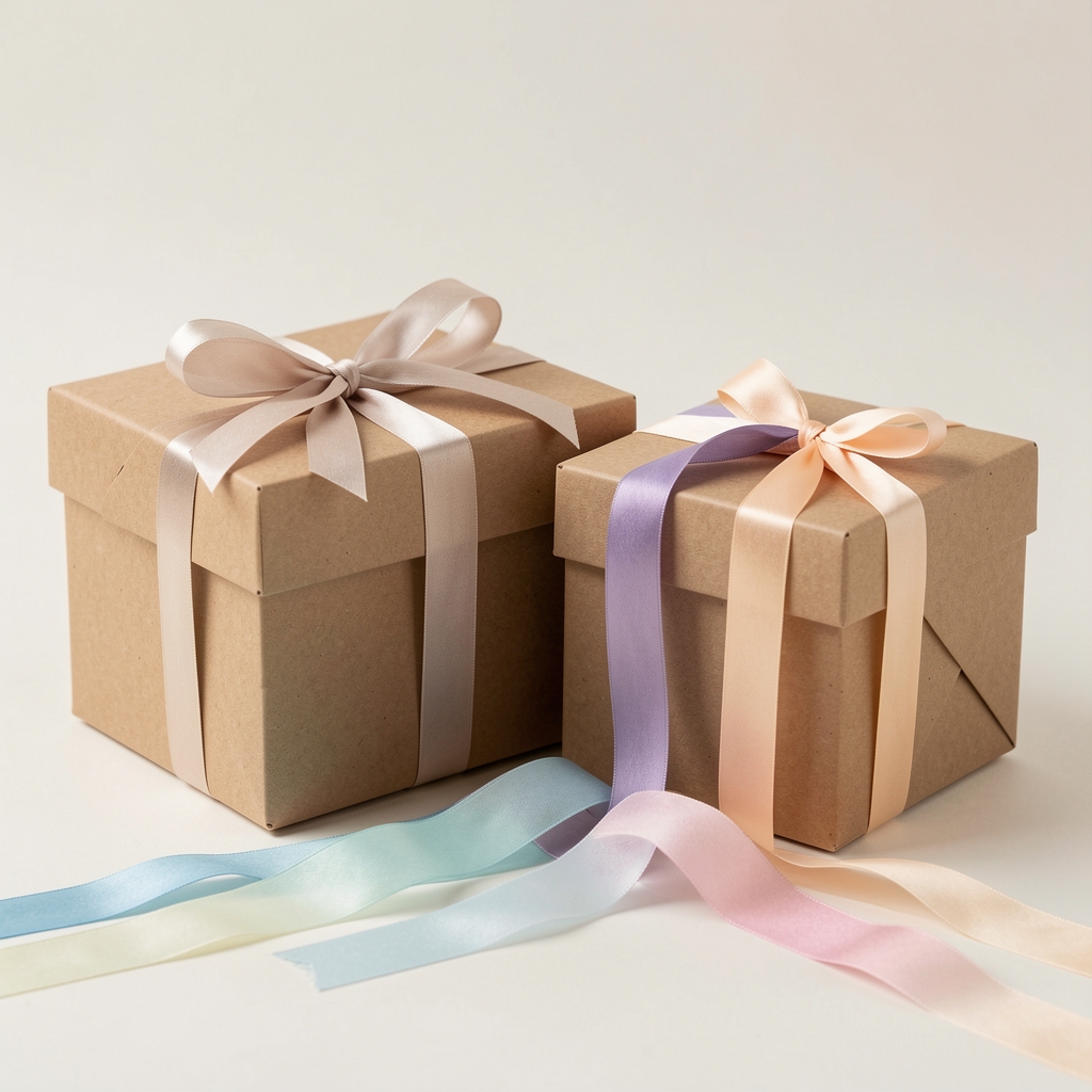 Cajas plegables para regalos en cartón natural junto a cintas de colores suaves