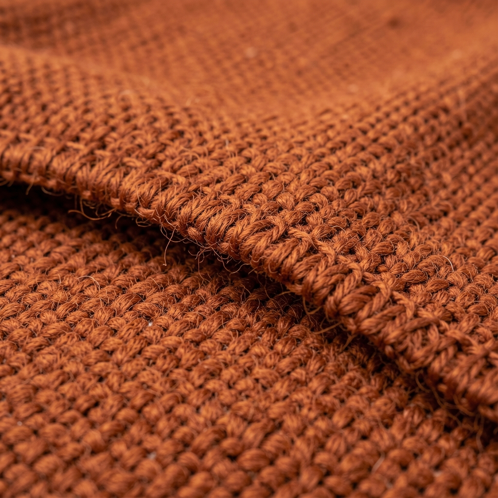 Textura tejida de cinta de algodón terracota vista en detalle con borde prolijo