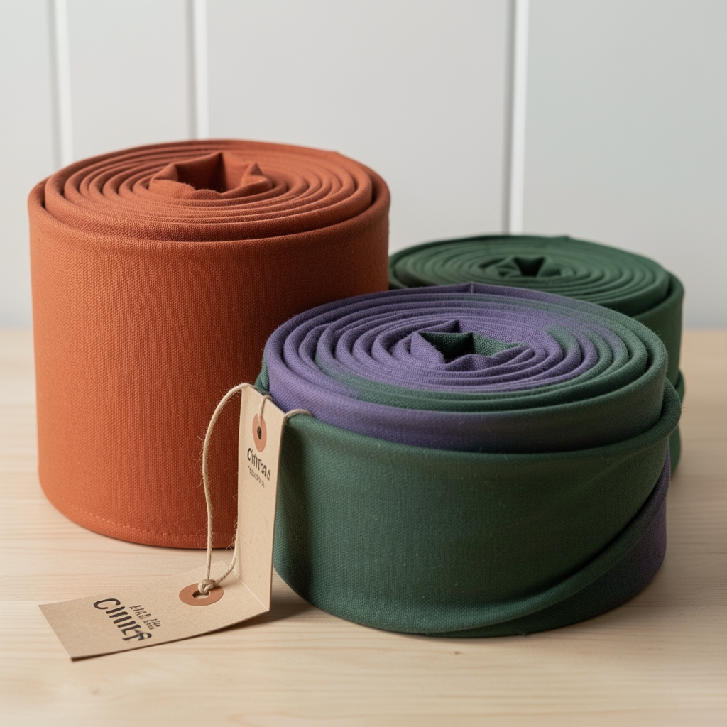 Cintas decorativas de algodón en rollos terracota y verde salvia junto a etiquetas