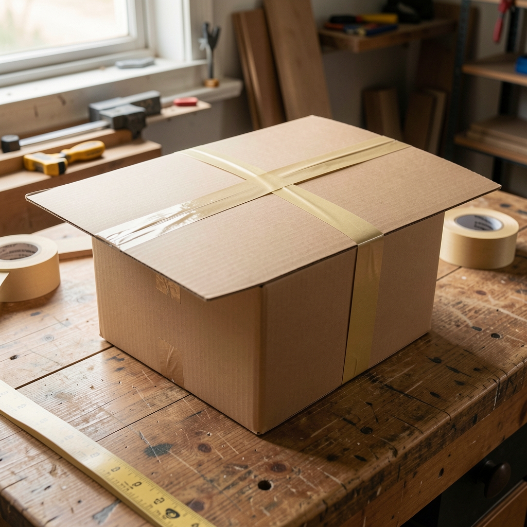 Caja de cartón siendo preparada con papel kraft y cinta de embalaje sobre mesa de trabajo