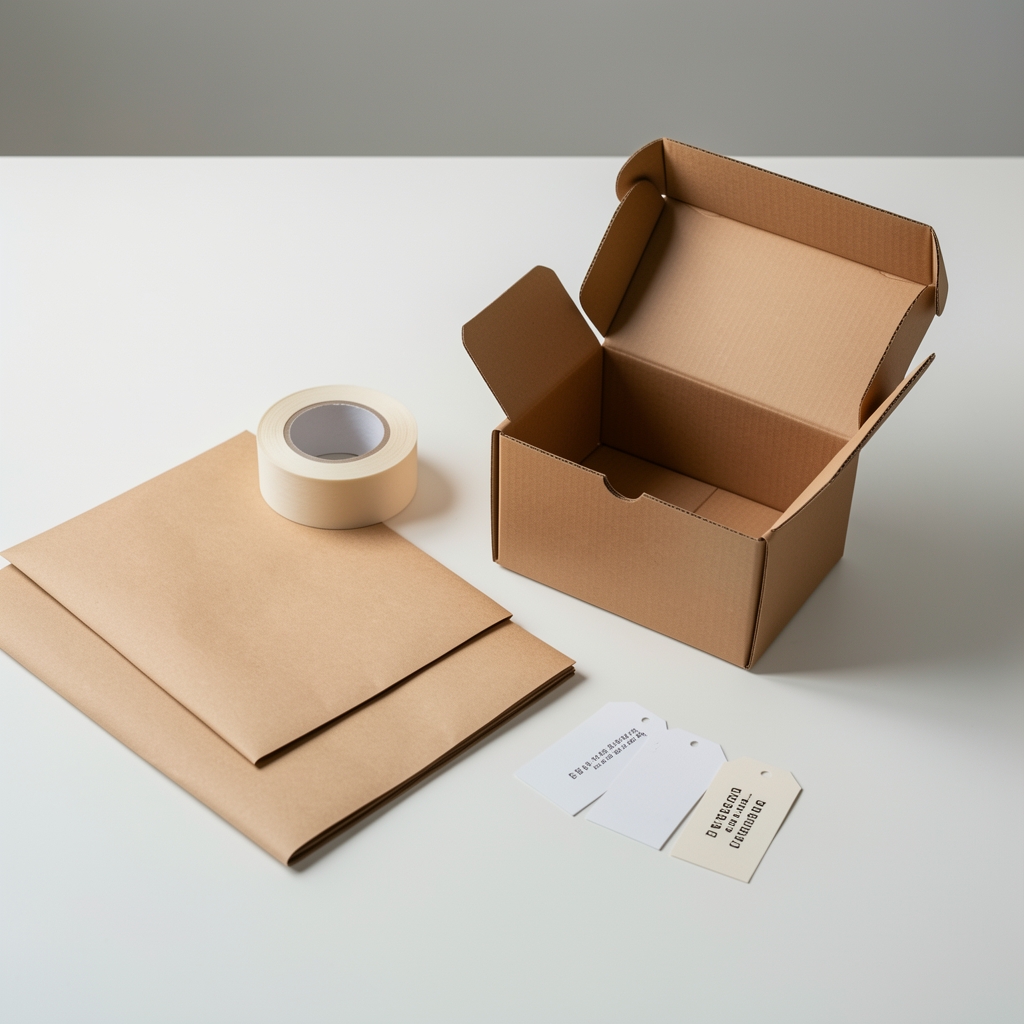 Materiales de empaque ordenados: papel kraft, caja abierta, cinta y etiquetas sobre mesa clara