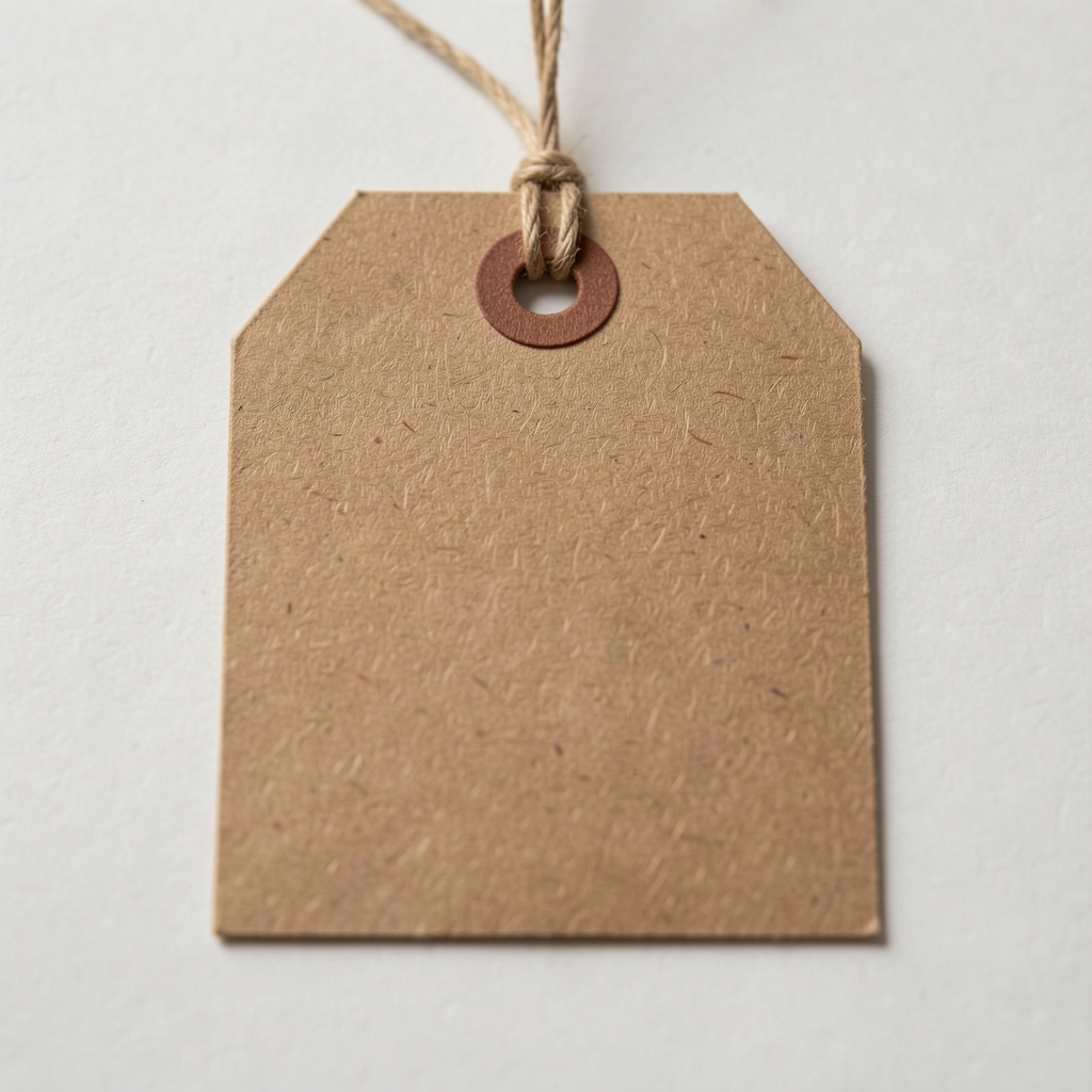 Primer plano de una etiqueta de papel kraft con cordón fino y perforación redonda