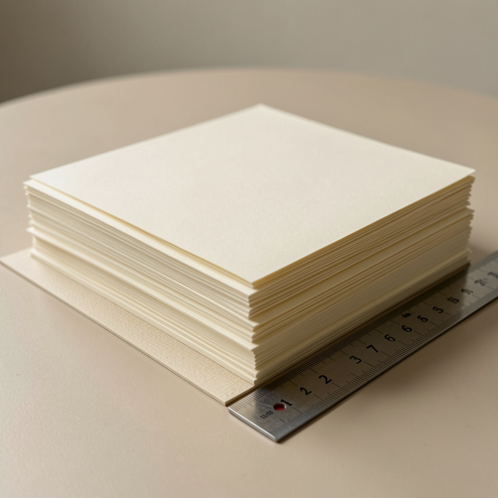 Muestras de papel de diferentes gramajes apiladas con una regla metálica