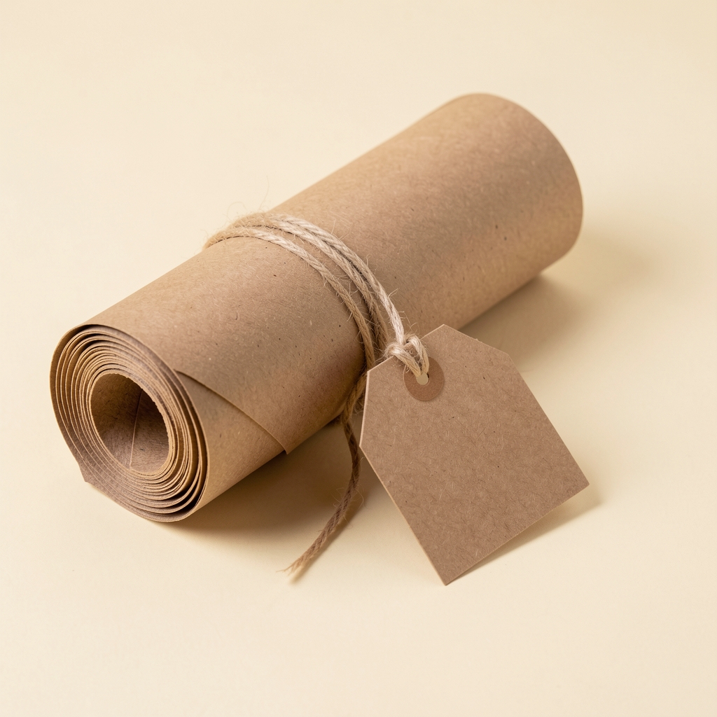 Rollo de papel kraft natural, cordel de algodón y etiqueta de papel sobre fondo crema