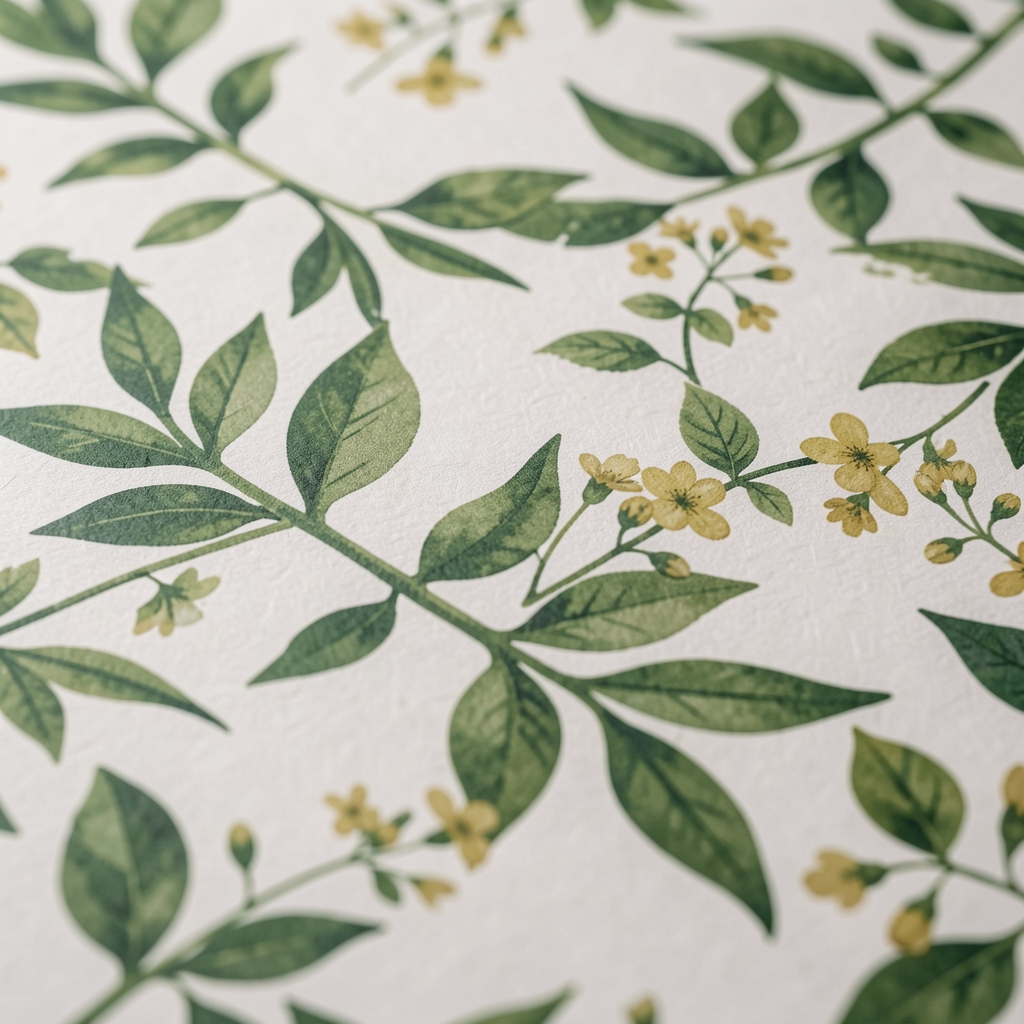 Detalle de textura de papel decorativo con estampado de hojas verdes y flores pequeñas
