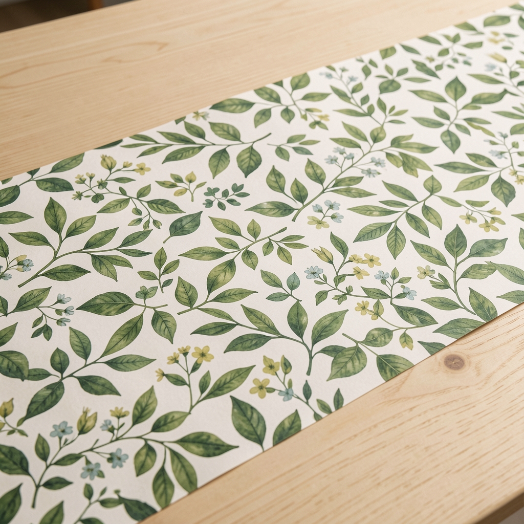 Papel decorativo estampado con hojas verdes y pequeñas flores sobre mesa de madera clara