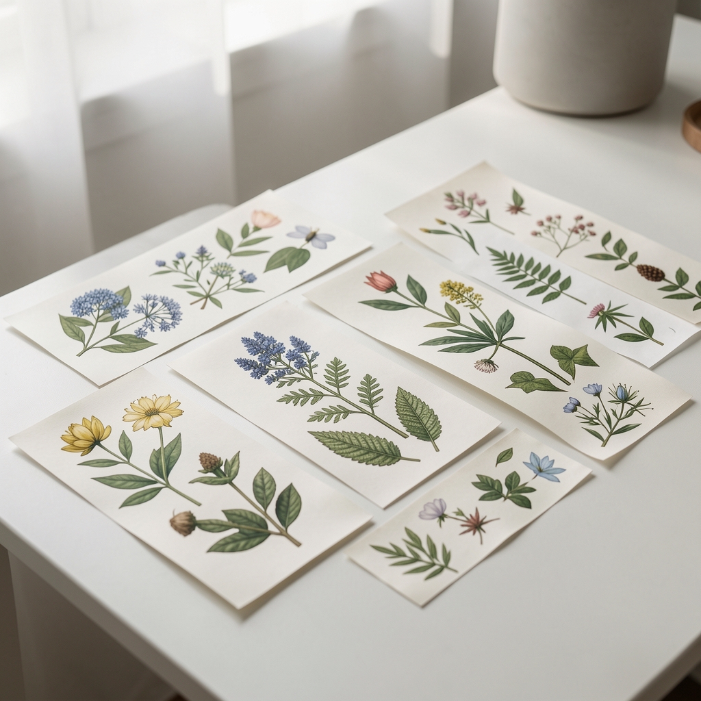 Papeles decorativos argentinos con estampas botánicas ordenados sobre una mesa clara