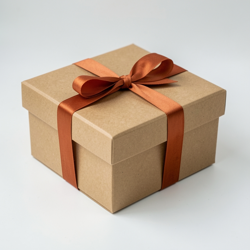 Caja para regalo de cartón natural con tapa independiente cerrada con cinta terracota