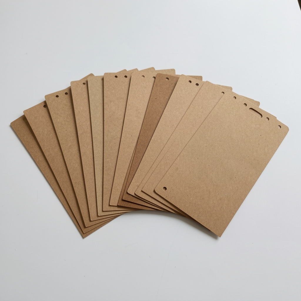 Veinticinco etiquetas de papel kraft con perforación dispuestas en abanico sobre mesa clara