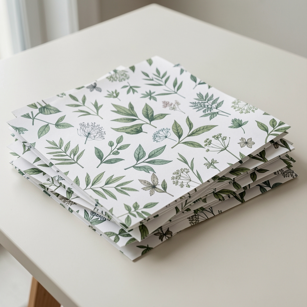 Hojas de papel decorativo estampado con motivo botánico apiladas sobre mesa clara