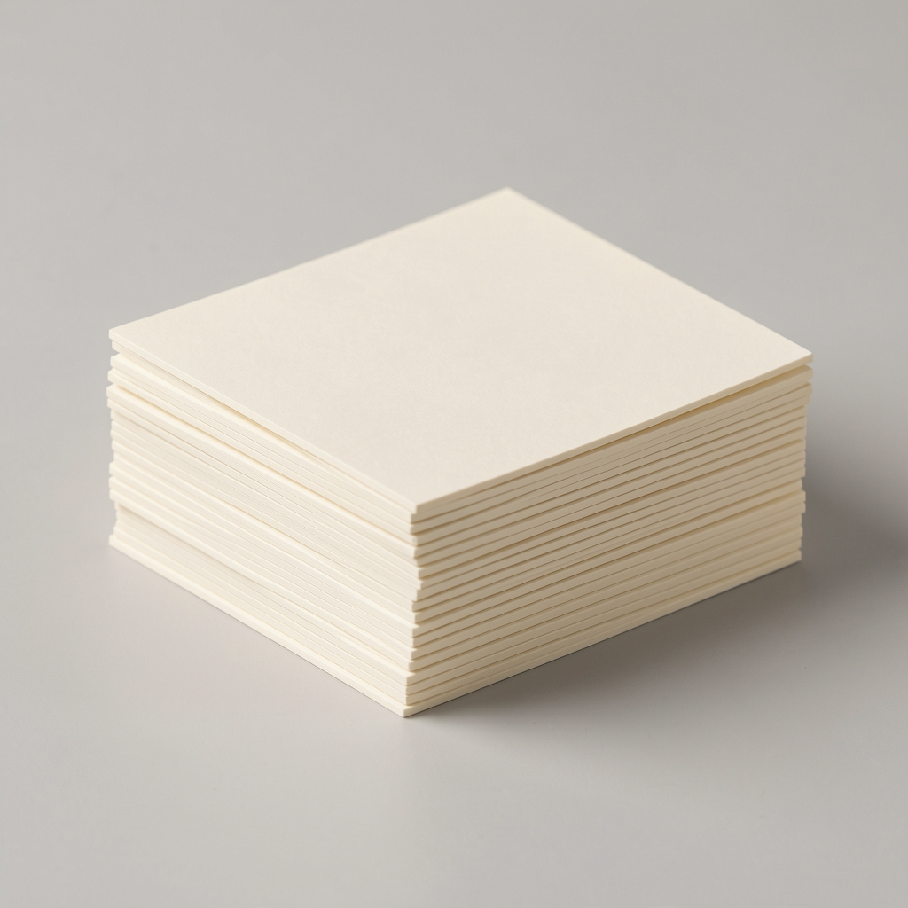 Diez tarjetas en blanco color marfil apiladas con bordes rectos sobre fondo neutro