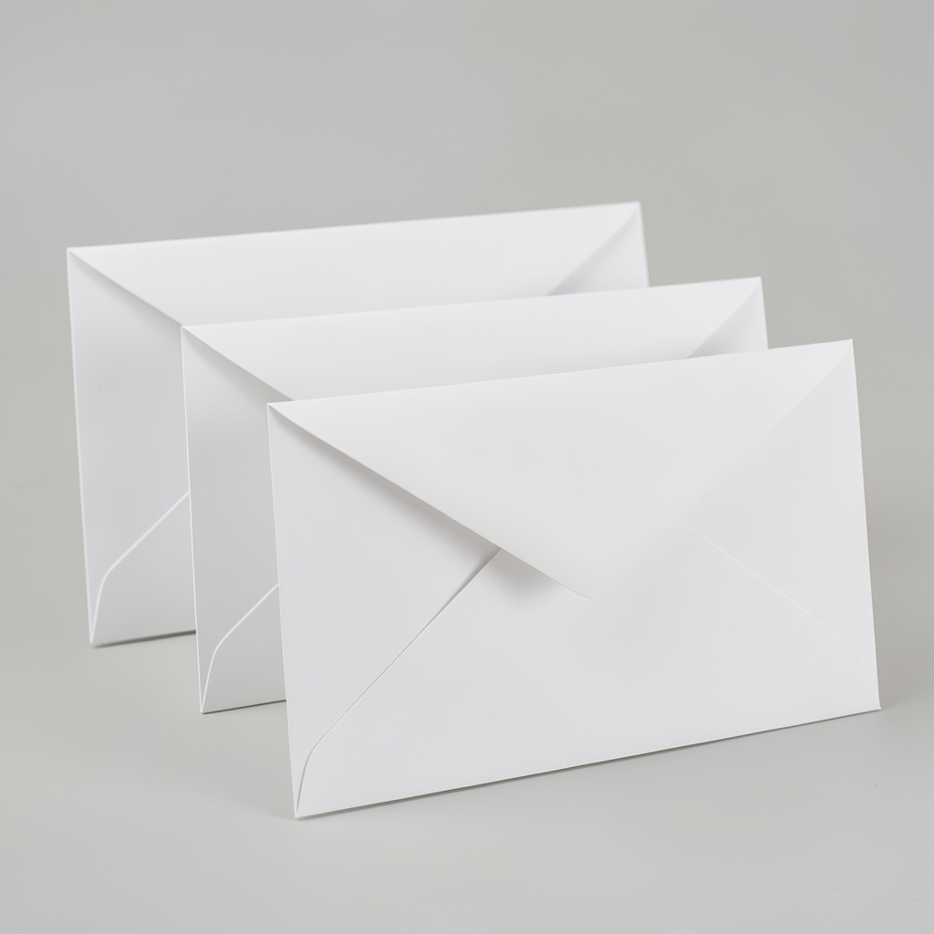Sobres blancos tamaño carta con solapa triangular alineados en composición limpia