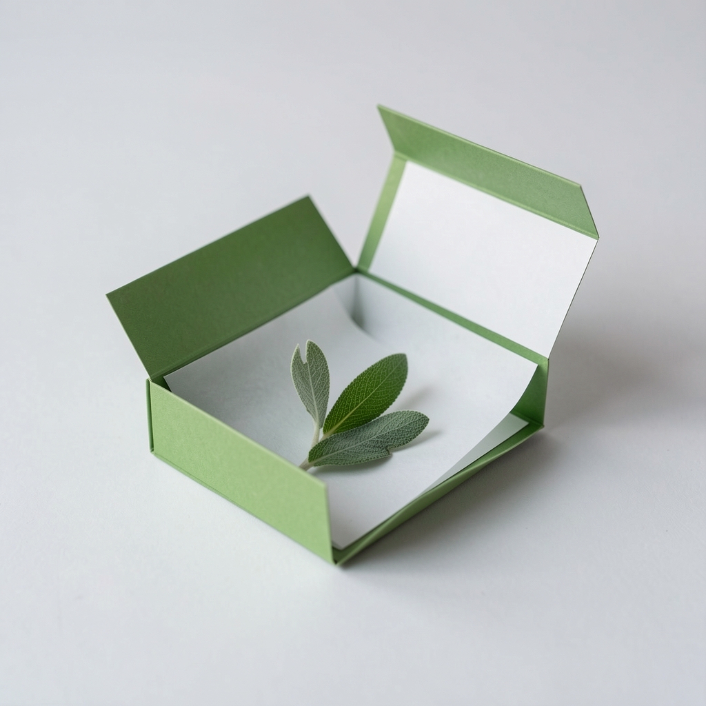 Sobres verdes salvia de pequeño formato abiertos mostrando papel interior claro