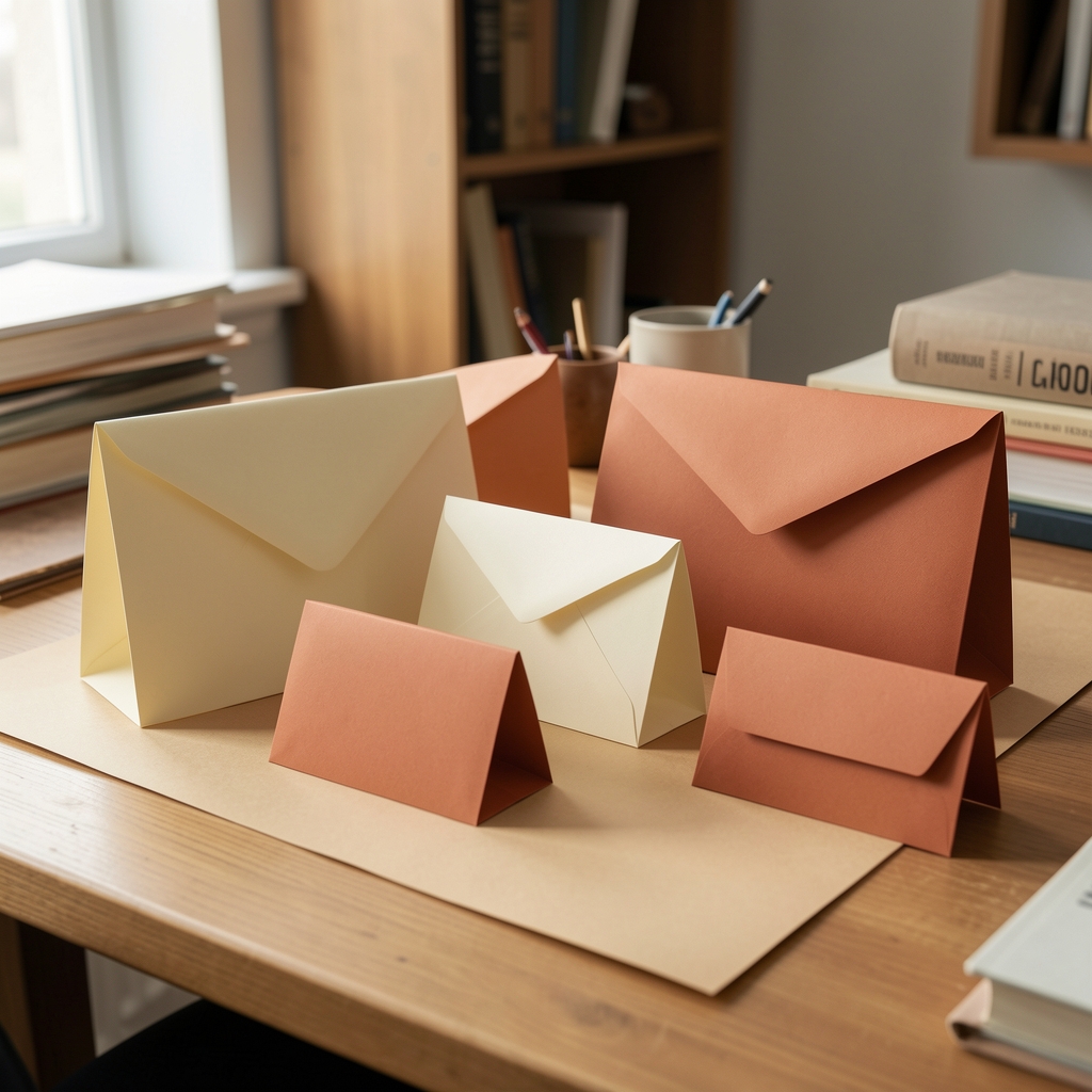 Colección de sobres de papel crema y terracota en varios tamaños sobre escritorio editorial