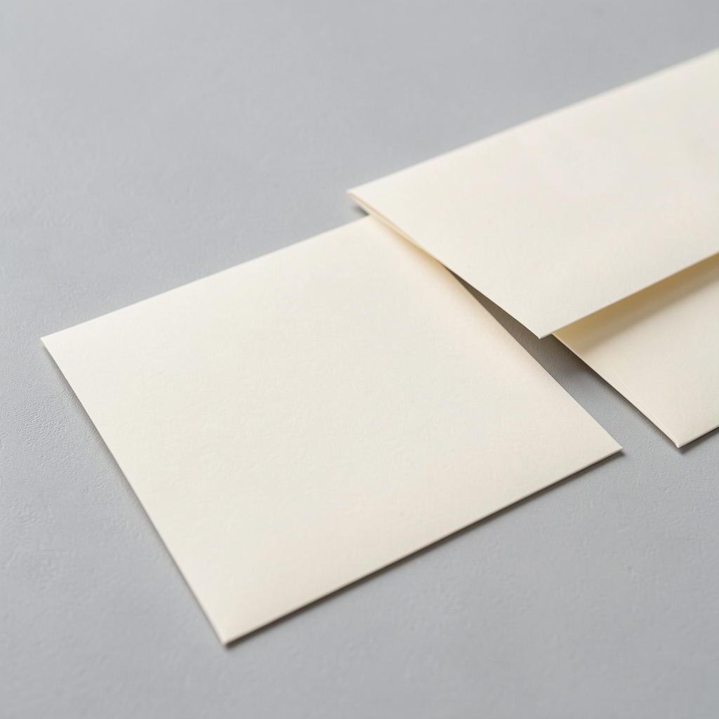 Primer plano del papel grueso marfil de una tarjeta en blanco junto a un sobre a juego