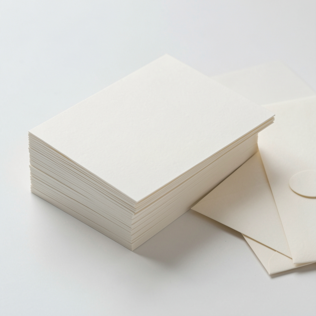 Tarjetas en blanco de papel grueso color marfil apiladas con sobres a juego
