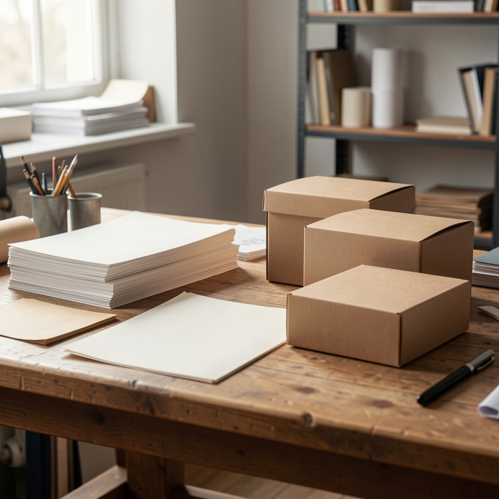 Composición editorial de papeles y cajas Paperha en una mesa de trabajo sin personas